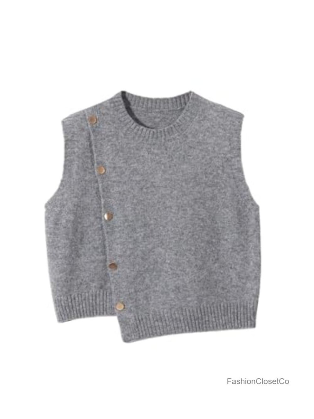 Women's Sleeveless Sweater Vest Knit Tank Crew Neck Gold Button Asymmetrical